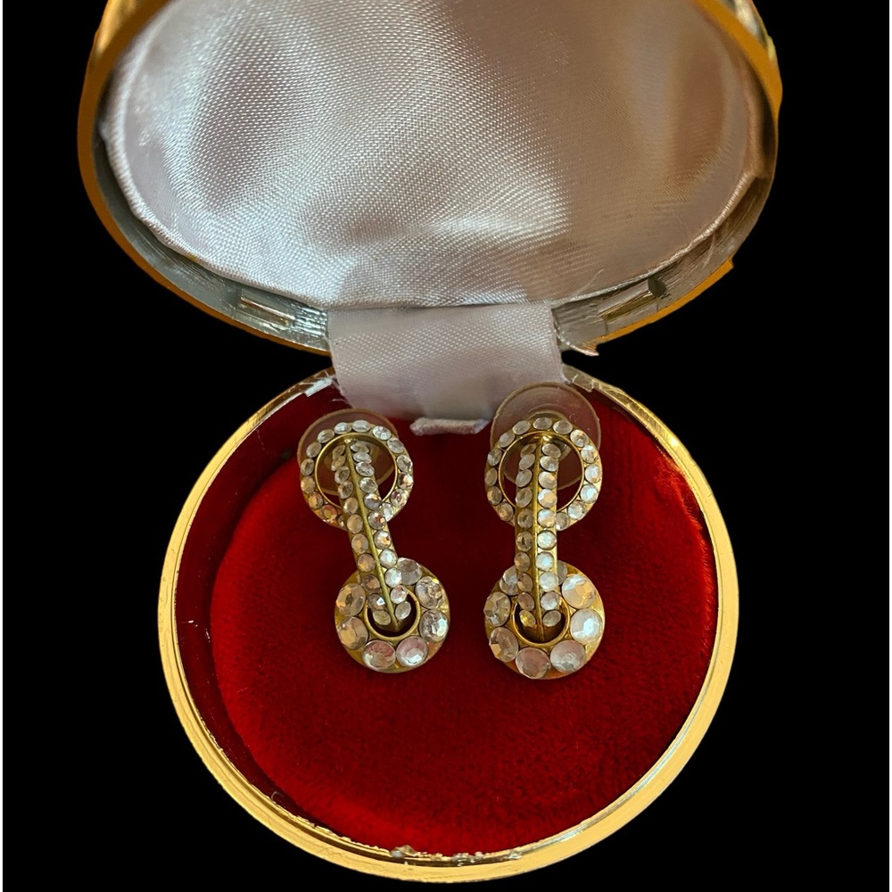 Vintage Gold Tone Rhinestone Door Knocker PosEarrings Clasp Storage Case